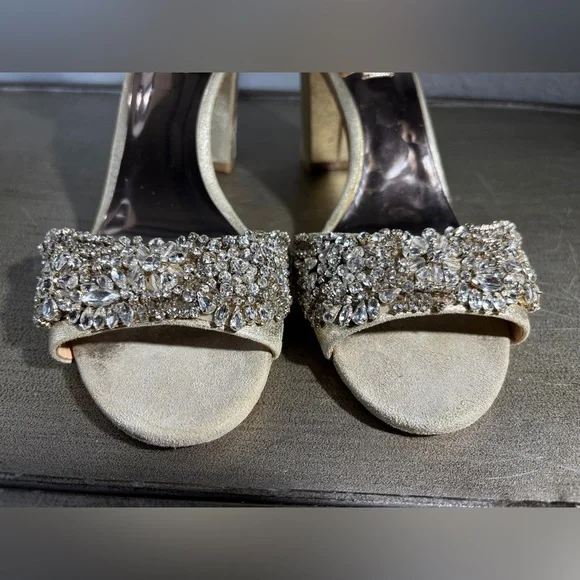 Badgley Mischka HINES Gold Embellished Chunk Heels - Picture 8 of 15